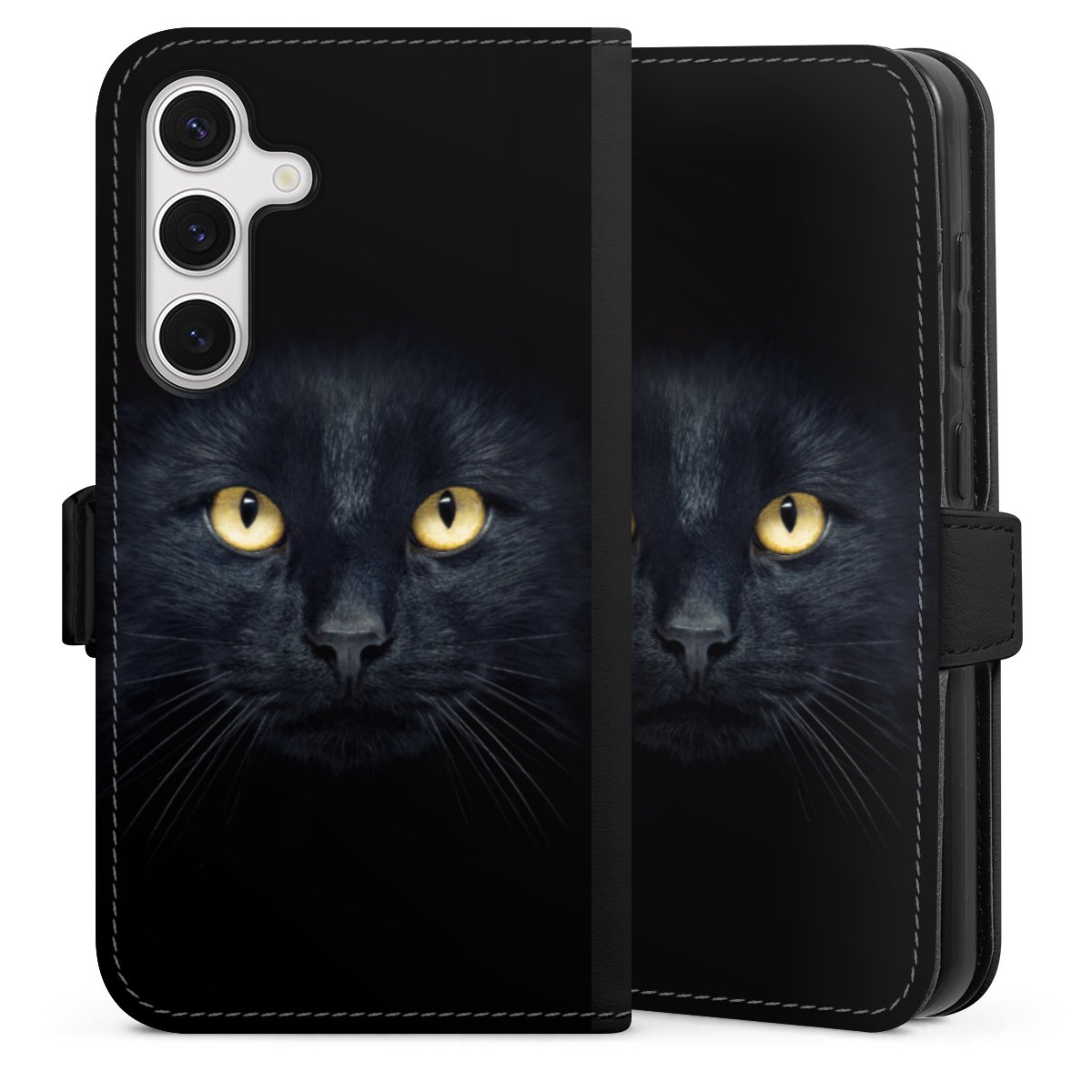 Galaxy S24 Handy Klapphülle Handyhülle aus Kunst Leder schwarz Flip Case Eye Cat Black Sideflip mit Lasche