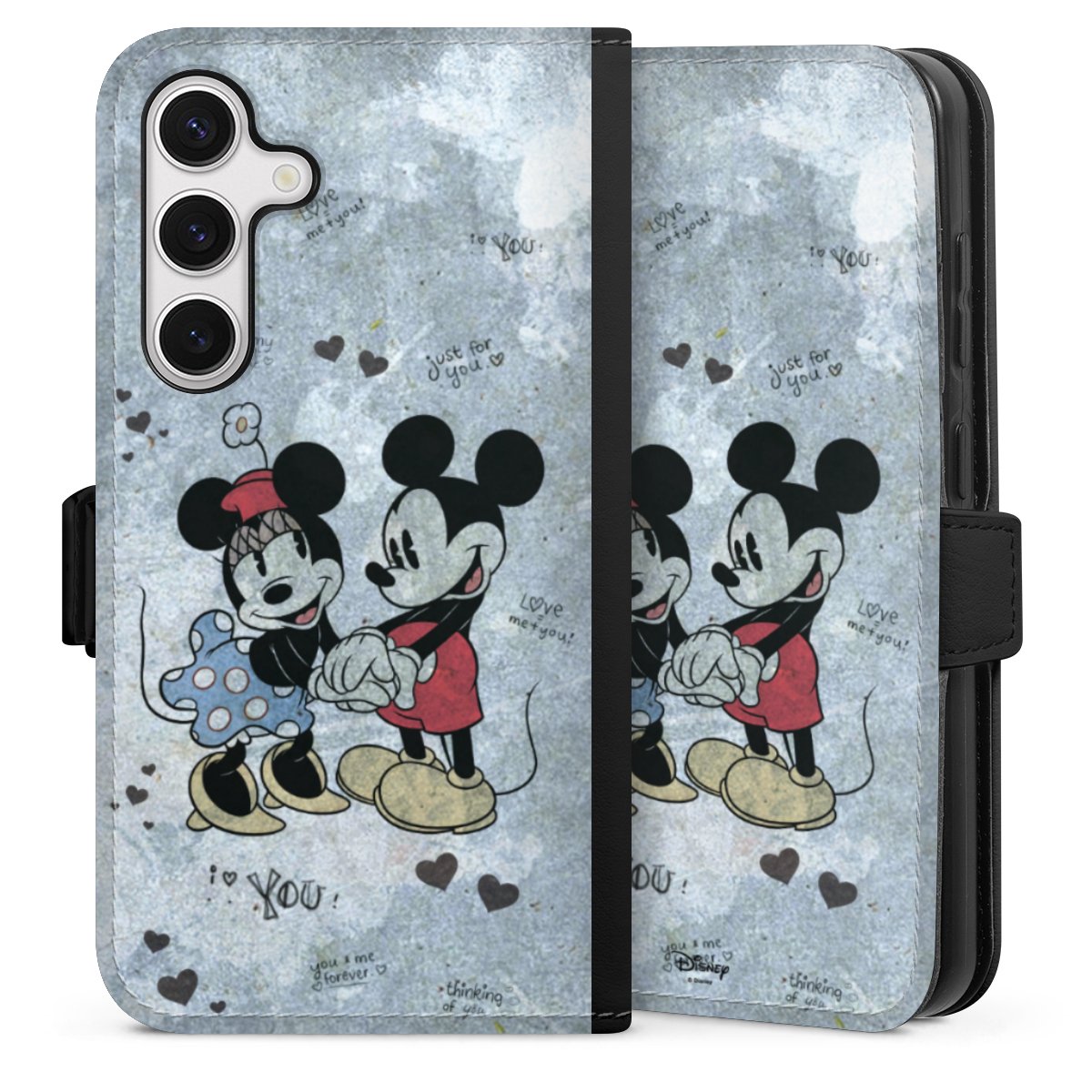 Galaxy S24 Handy Klapphülle Handyhülle aus Kunst Leder schwarz Flip Case Mickey & Minnie Mouse Vintage Disney Sideflip mit Lasche