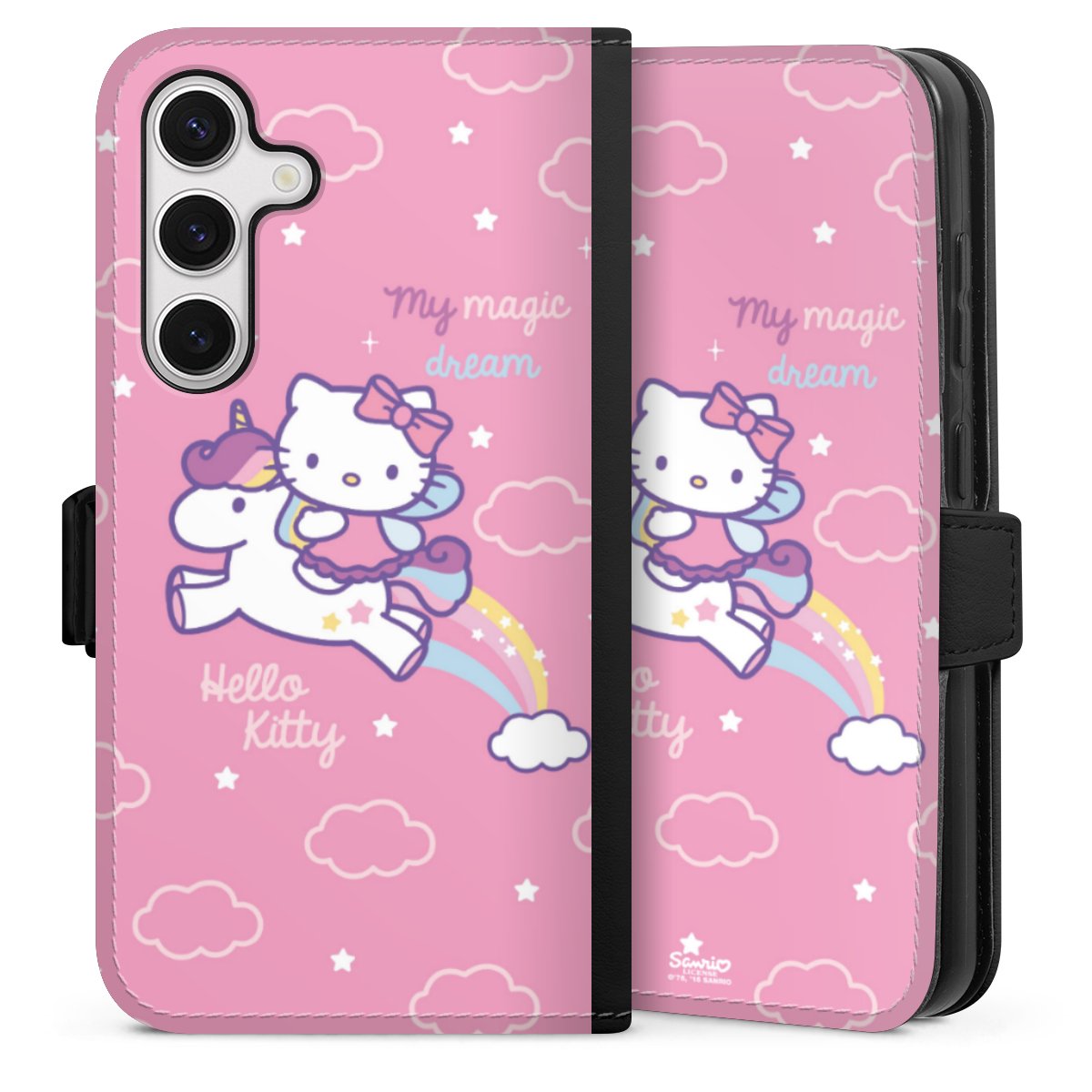 Galaxy S24 Handy Klapphülle Handyhülle aus Kunst Leder schwarz Flip Case Einhorn Official Licensed Product Hello Kitty Sideflip mit Lasche