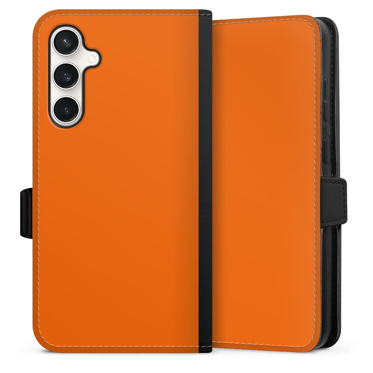 Galaxy S23 FE Handy Klapphülle Handyhülle aus Kunst Leder schwarz Flip Case Orange Colour Unicoloured Sideflip mit Lasche