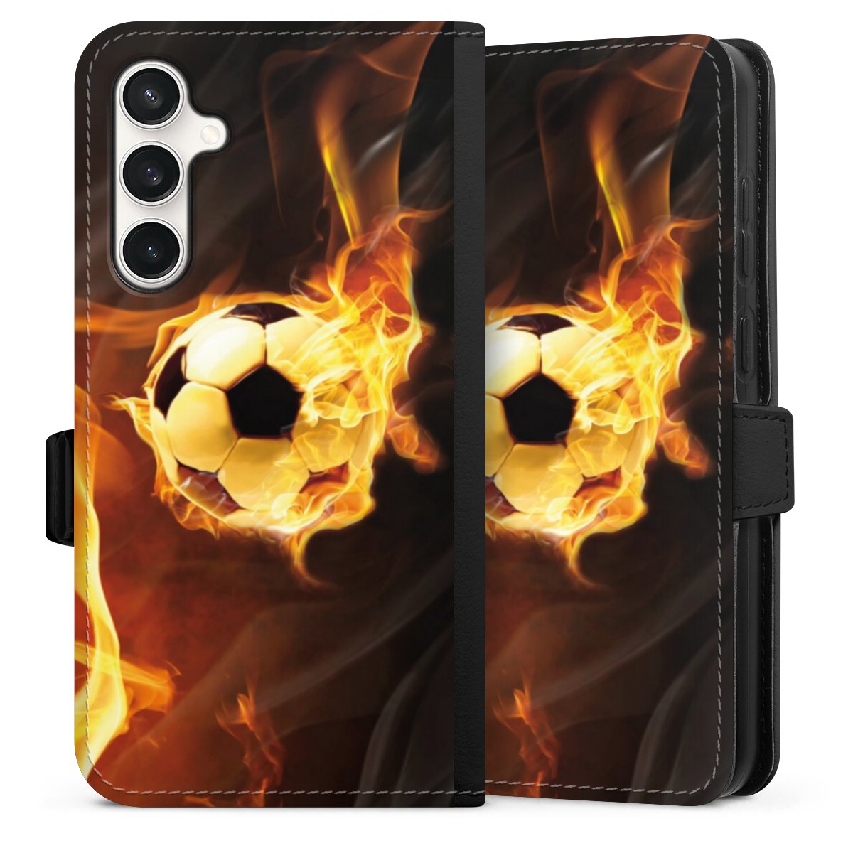 Galaxy S23 FE Handy Klapphülle Handyhülle aus Kunst Leder schwarz Flip Case Ball Fire Soccer Sideflip mit Lasche