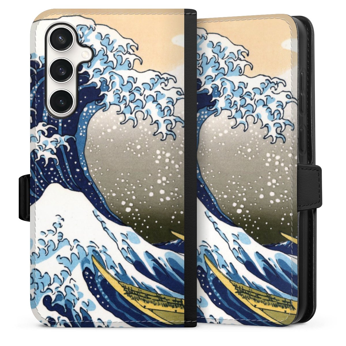 Galaxy S23 FE Handy Klapphülle Handyhülle aus Kunst Leder schwarz Flip Case Kunst Katsushika Hokusai Die Große Welle Vor Kanagawa Sideflip mit Lasche