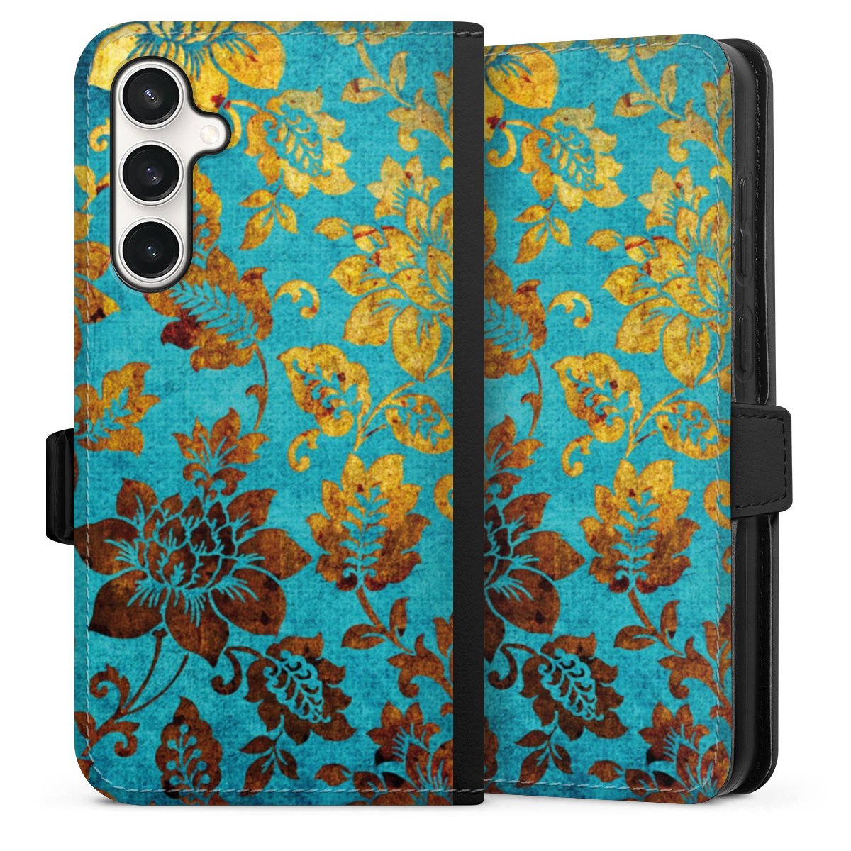 Galaxy S23 FE Handy Klapphülle Handyhülle aus Kunst Leder schwarz Flip Case Ornament Vintage Flowers Sideflip mit Lasche