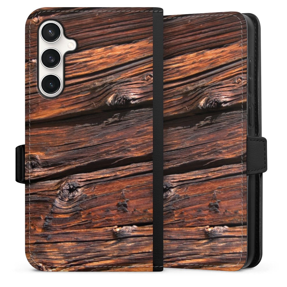 Galaxy S23 FE Handy Klapphülle Handyhülle aus Kunst Leder schwarz Flip Case Beams Wooden Look Wood Sideflip mit Lasche