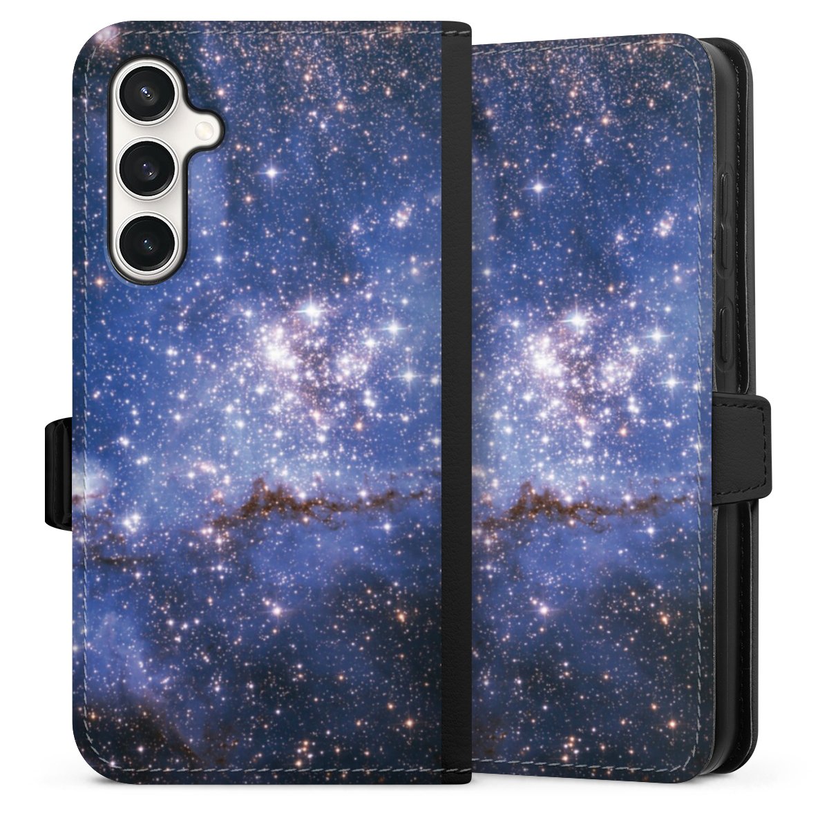 Galaxy S23 FE Handy Klapphülle Handyhülle aus Kunst Leder schwarz Flip Case Weltall Galaxy Weltraum Sideflip mit Lasche