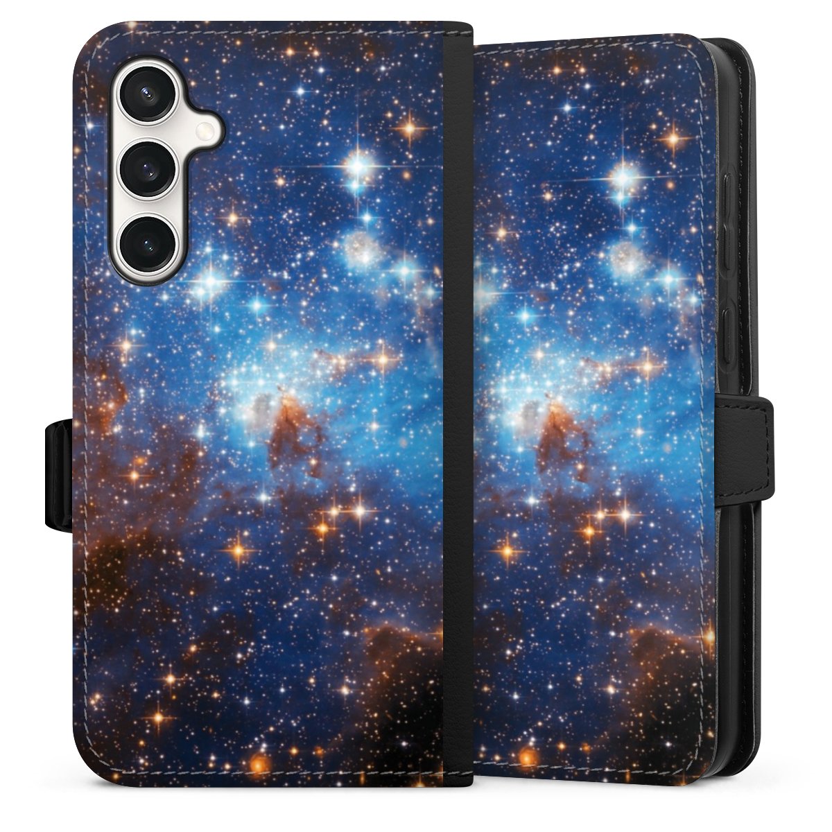 Galaxy S23 FE Handy Klapphülle Handyhülle aus Kunst Leder schwarz Flip Case Star Weltall Galaxy Sideflip mit Lasche