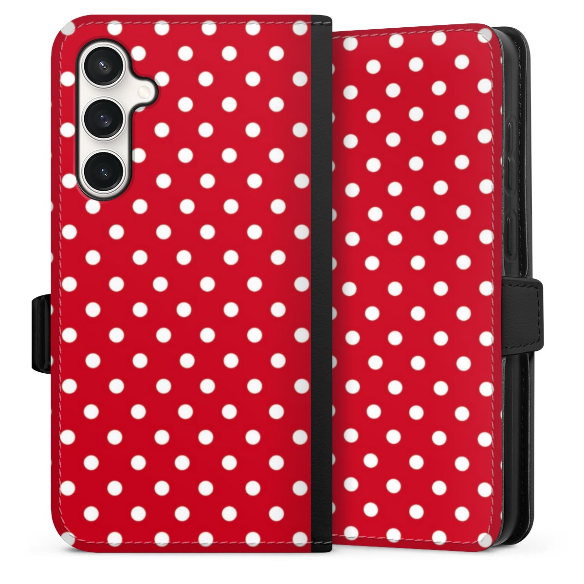 Galaxy S23 FE Handy Klapphülle Handyhülle aus Kunst Leder schwarz Flip Case Points Polka Dots Retro Sideflip mit Lasche