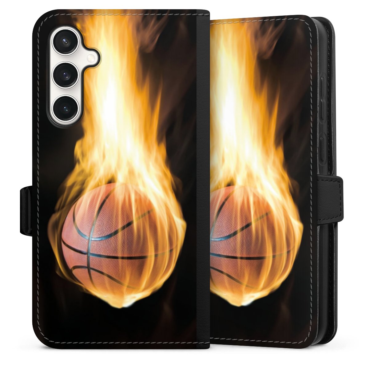 Galaxy S23 FE Handy Klapphülle Handyhülle aus Kunst Leder schwarz Flip Case Basketball Sports Fire Sideflip mit Lasche