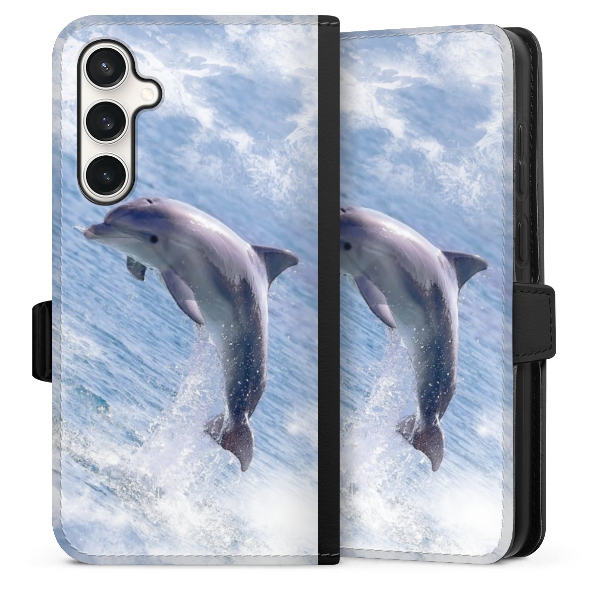 Galaxy S23 FE Handy Klapphülle Handyhülle aus Kunst Leder schwarz Flip Case Dolphin Ocean Wale Sideflip mit Lasche