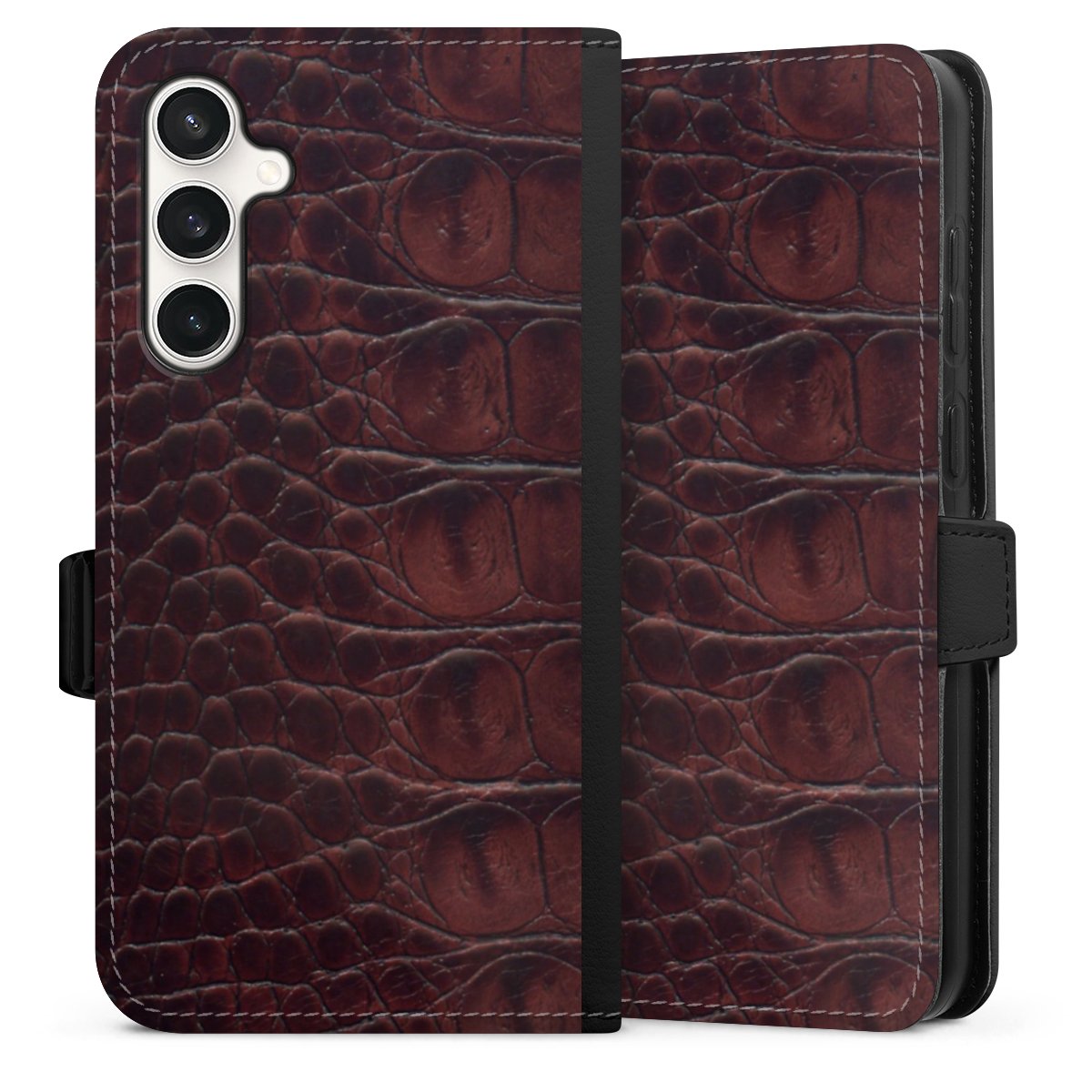 Galaxy S23 FE Handy Klapphülle Handyhülle aus Kunst Leder schwarz Flip Case Crocodile Animal Print Leather Sideflip mit Lasche