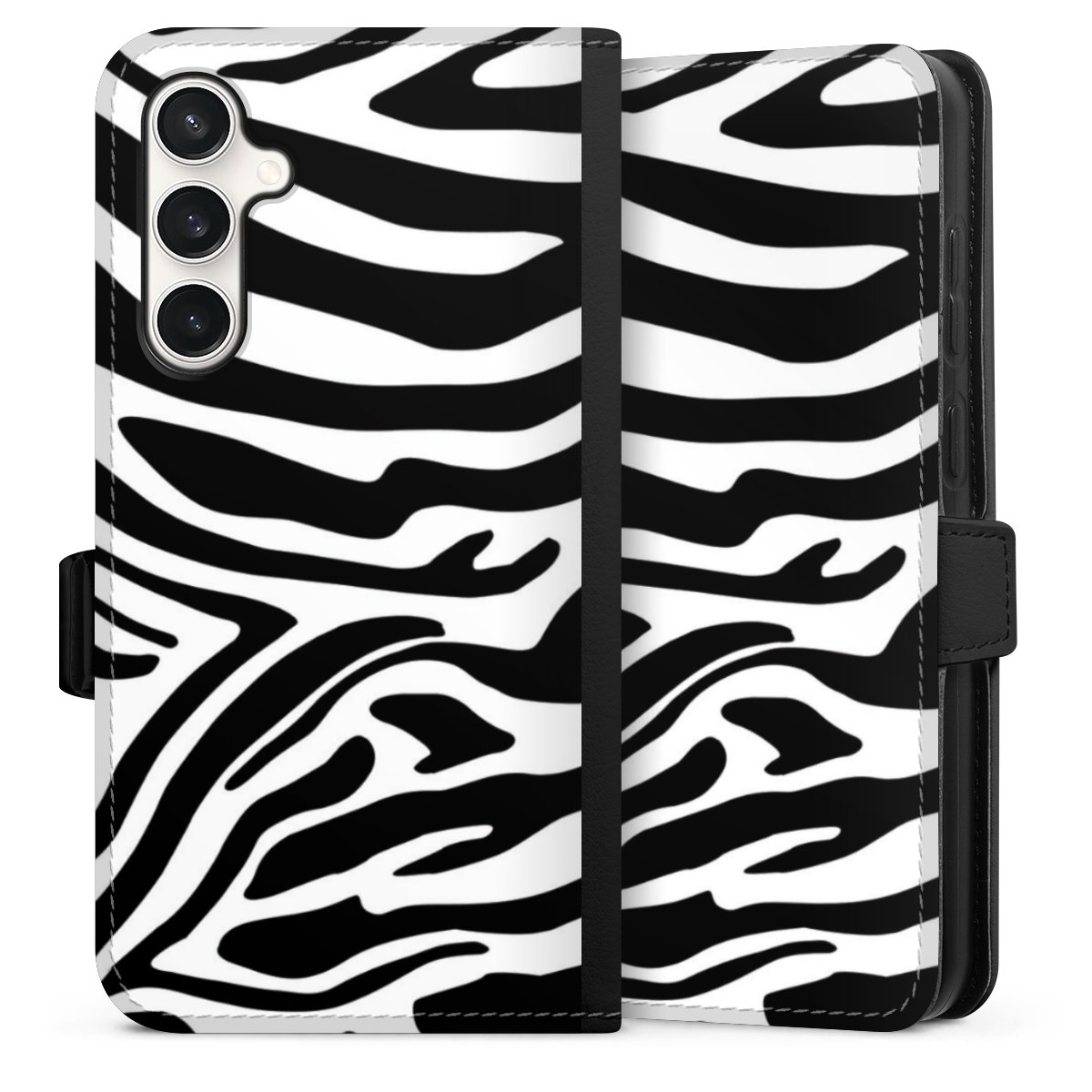 Galaxy S23 FE Handy Klapphülle Handyhülle aus Kunst Leder schwarz Flip Case Zebra Animal Look Animal Print Sideflip mit Lasche