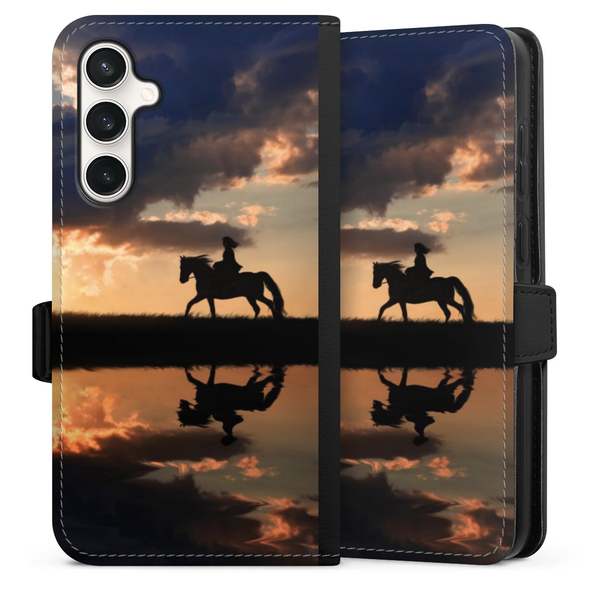 Galaxy S23 FE Handy Klapphülle Handyhülle aus Kunst Leder schwarz Flip Case Horse Sunset Horseback Riding Sideflip mit Lasche