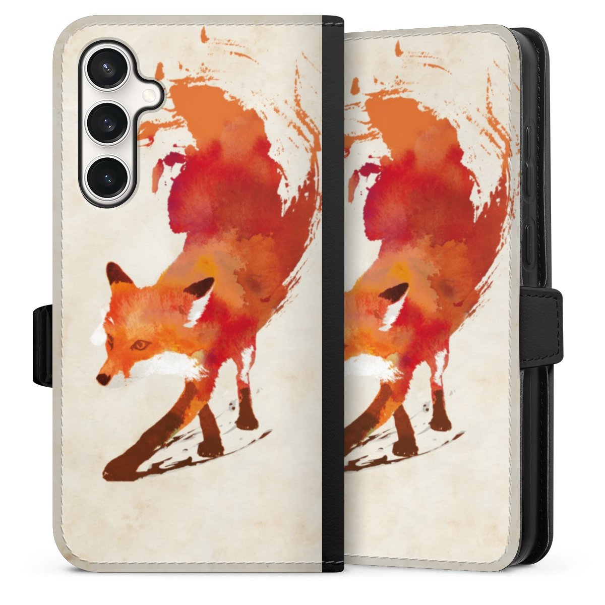 Galaxy S23 FE Handy Klapphülle Handyhülle aus Kunst Leder schwarz Flip Case Fox Graphic Sideflip mit Lasche