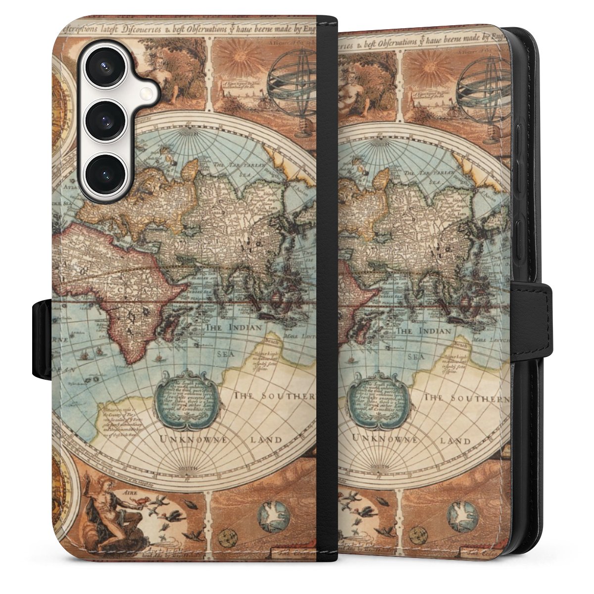 Galaxy S23 FE Handy Klapphülle Handyhülle aus Kunst Leder schwarz Flip Case World Map Vintage Map Sideflip mit Lasche