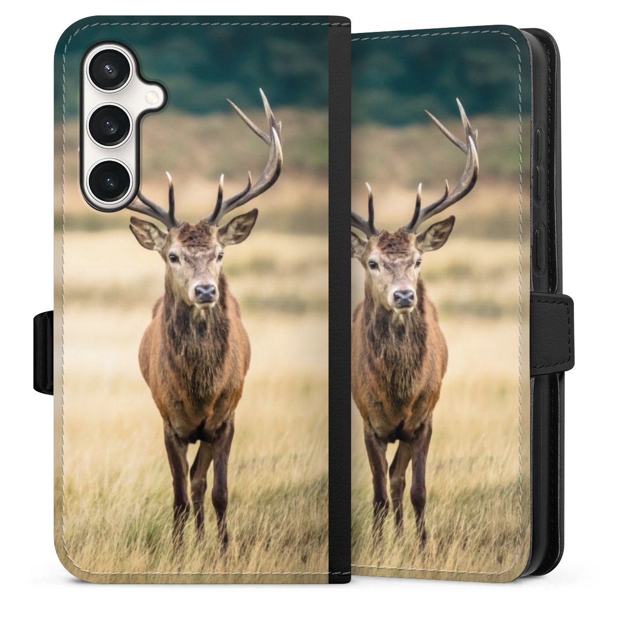 Galaxy S23 FE Handy Klapphülle Handyhülle aus Kunst Leder schwarz Flip Case Deer Meadow Forrest Sideflip mit Lasche