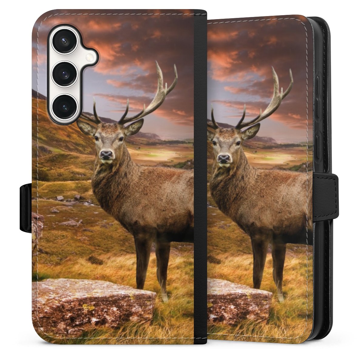 Galaxy S23 FE Handy Klapphülle Handyhülle aus Kunst Leder schwarz Flip Case Meadow Mountain Deer Sideflip mit Lasche