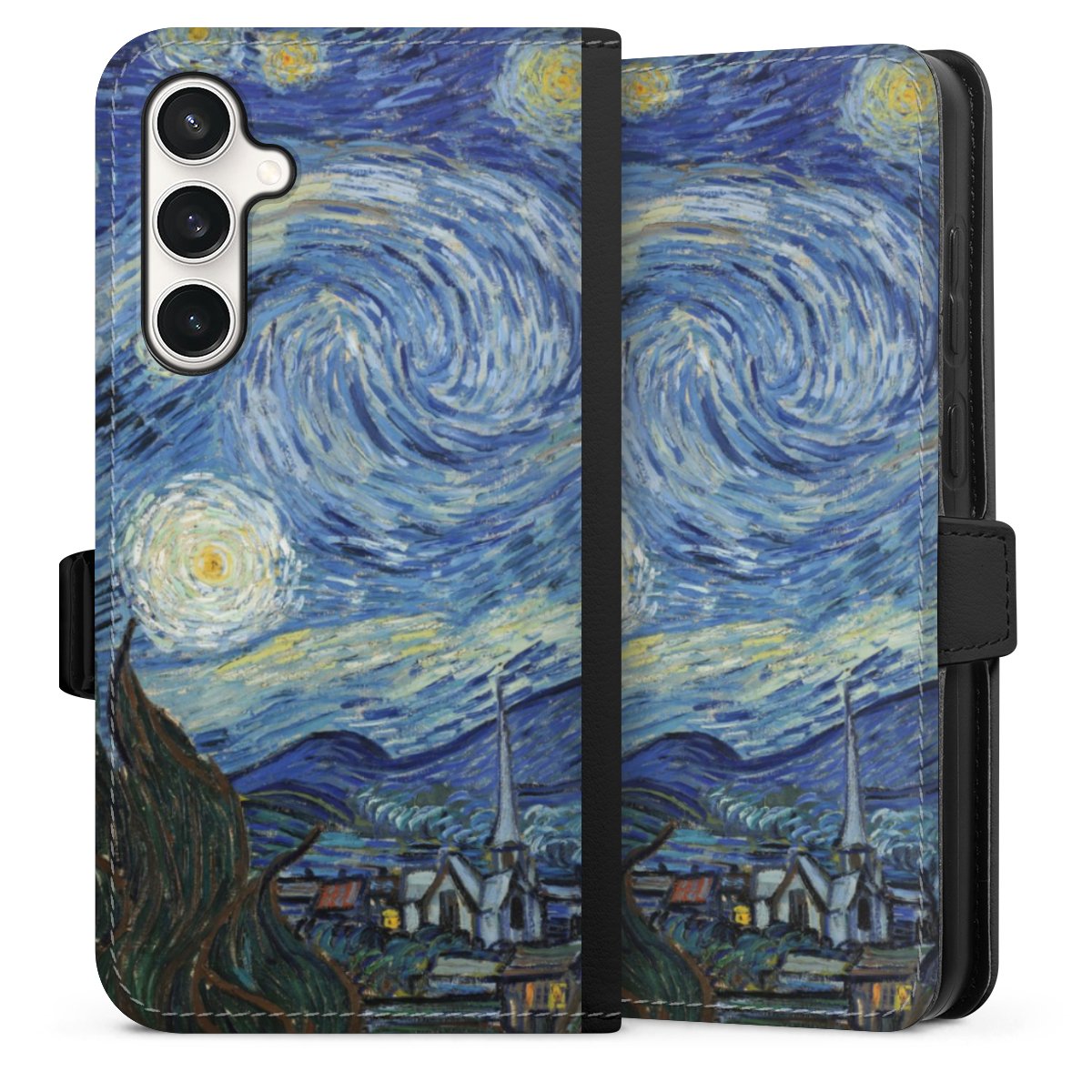 Galaxy S23 FE Handy Klapphülle Handyhülle aus Kunst Leder schwarz Flip Case The Starry Night Kunst Vincent Van Gogh Sideflip mit Lasche