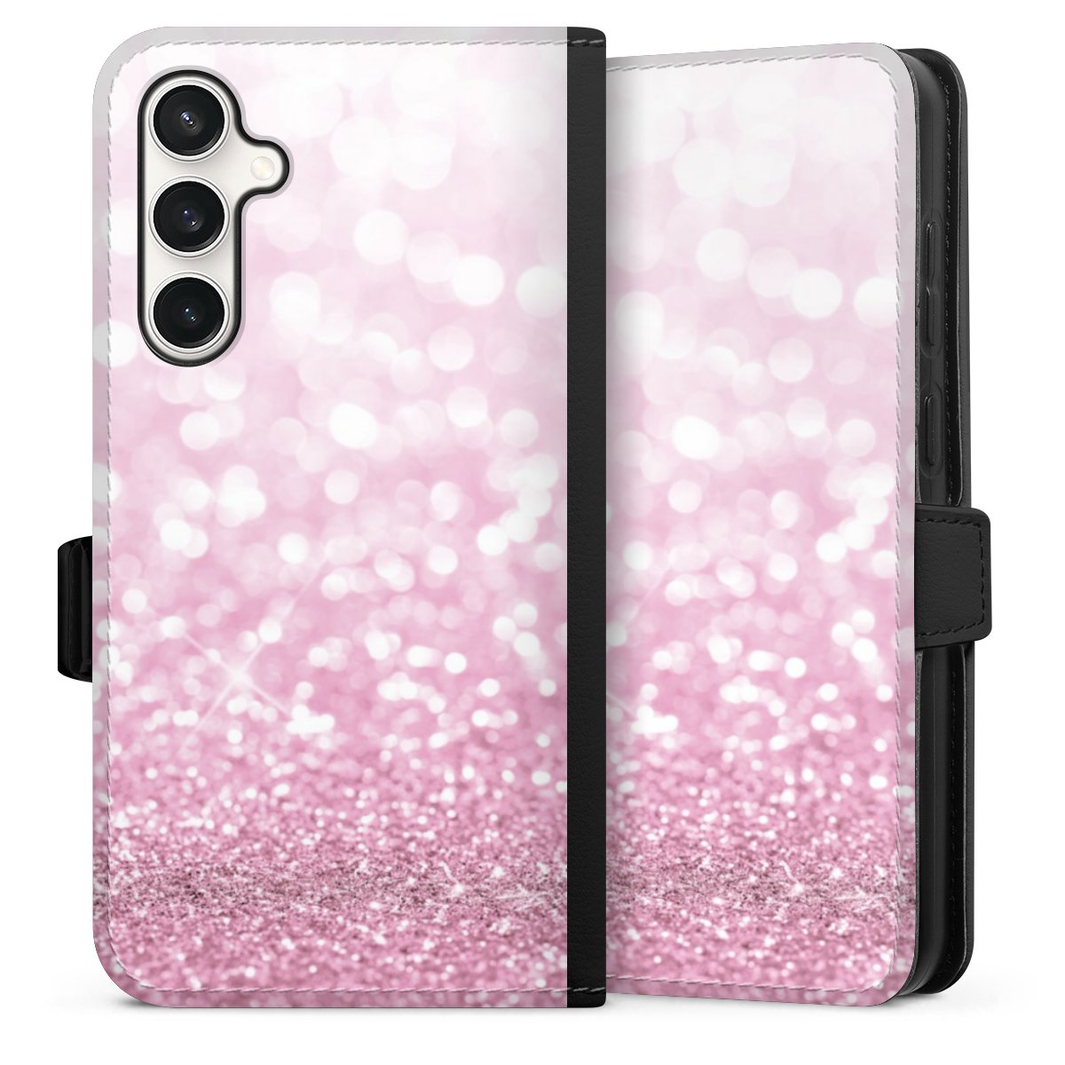 Galaxy S23 FE Handy Klapphülle Handyhülle aus Kunst Leder schwarz Flip Case Glitzer Pink Shine Sideflip mit Lasche