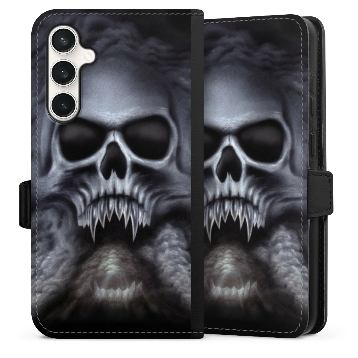 Galaxy S23 FE Handy Klapphülle Handyhülle aus Kunst Leder schwarz Flip Case Totenkopf Skull Sideflip mit Lasche