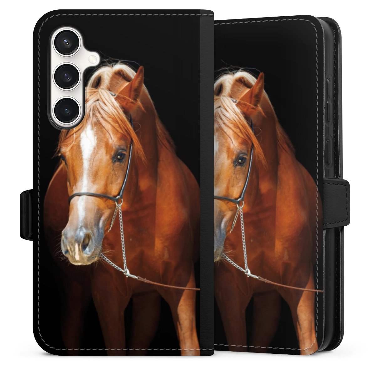 Galaxy S23 FE Handy Klapphülle Handyhülle aus Kunst Leder schwarz Flip Case Mare Horse Hobby Sideflip mit Lasche