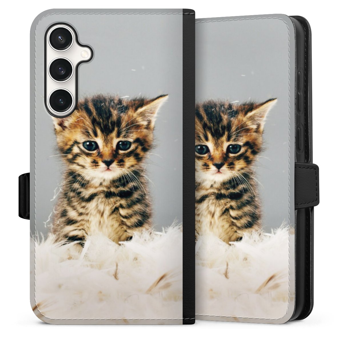 Galaxy S23 FE Handy Klapphülle Handyhülle aus Kunst Leder schwarz Flip Case Cat Feather Pet Sideflip mit Lasche