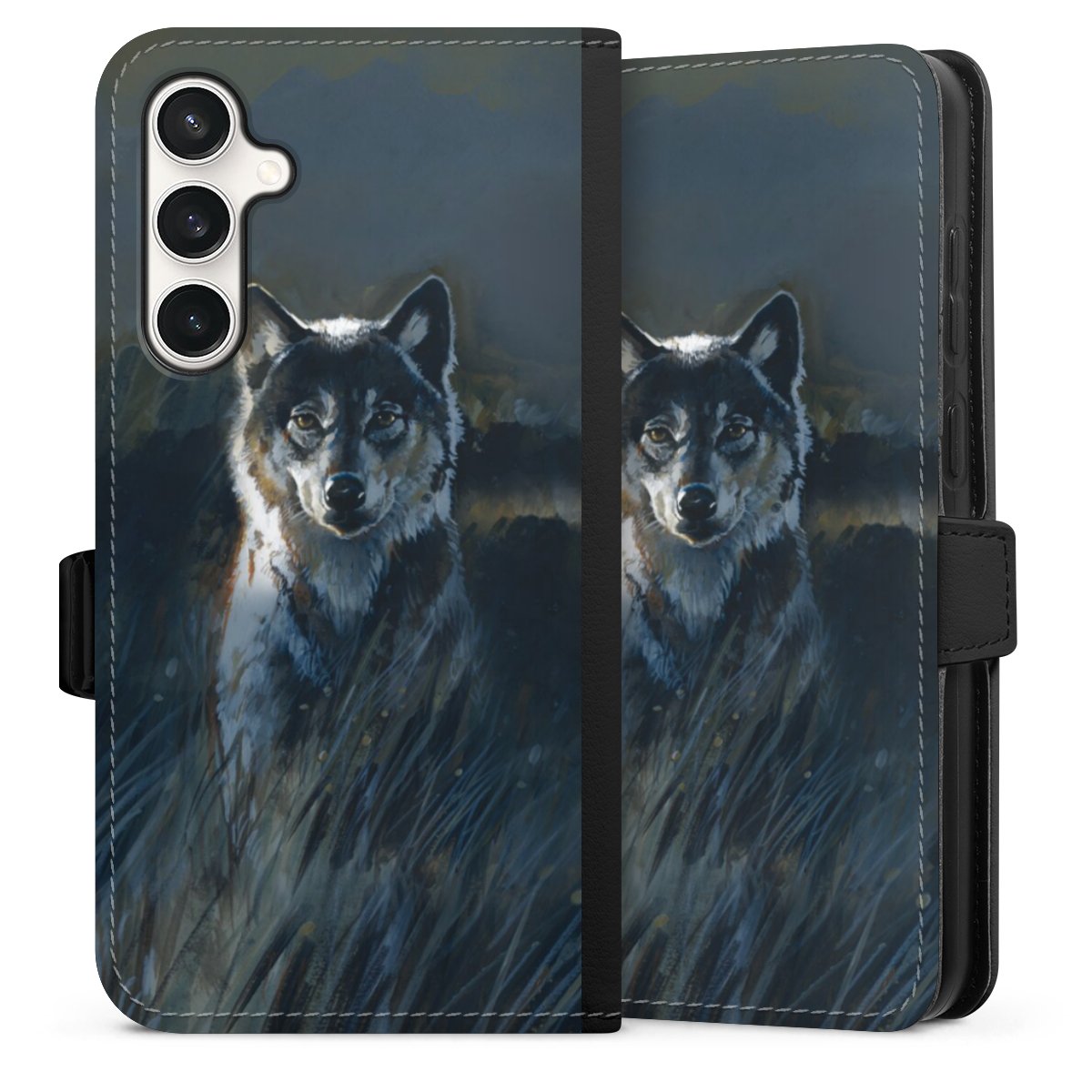 Galaxy S23 FE Handy Klapphülle Handyhülle aus Kunst Leder schwarz Flip Case Nature Wolf Painting Sideflip mit Lasche