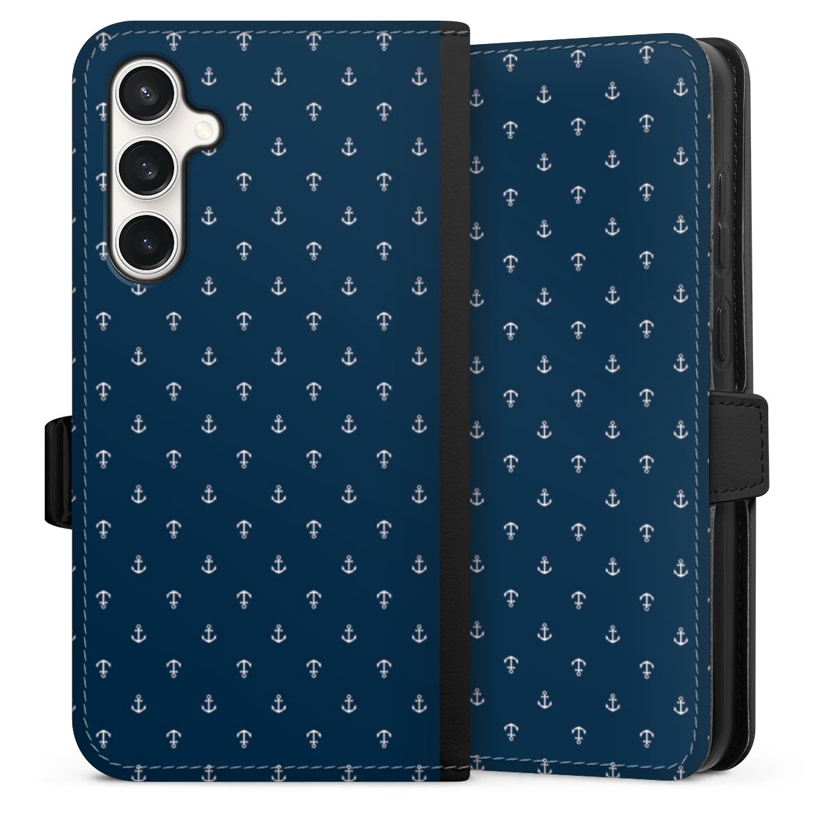 Galaxy S23 FE Handy Klapphülle Handyhülle aus Kunst Leder schwarz Flip Case Muster Anchor Sail Sideflip mit Lasche