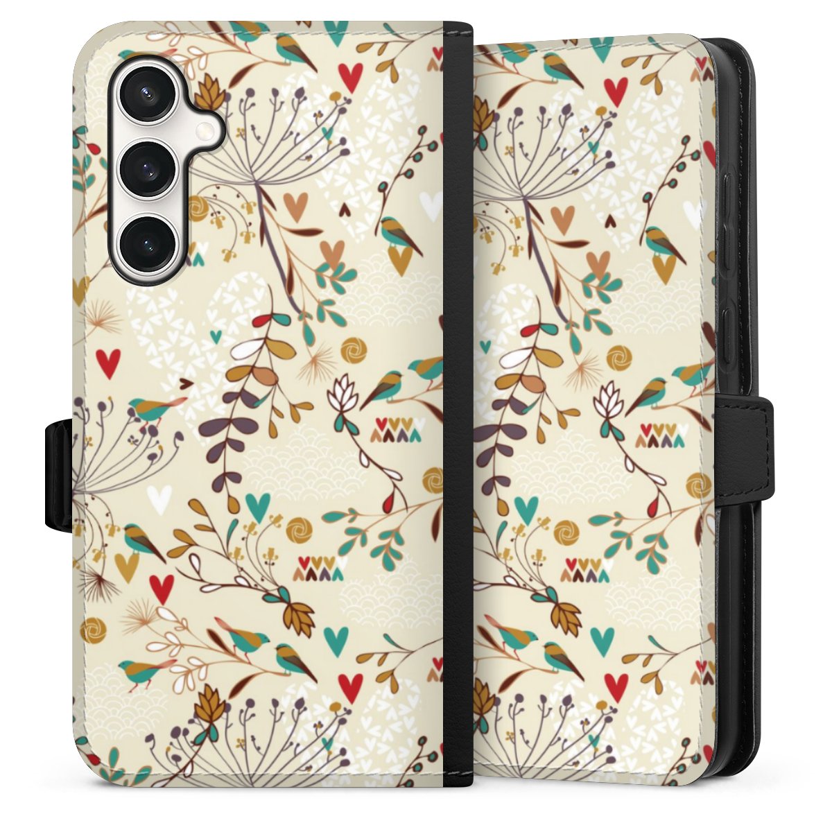 Galaxy S23 FE Handy Klapphülle Handyhülle aus Kunst Leder schwarz Flip Case Bird Flowers Retro Sideflip mit Lasche