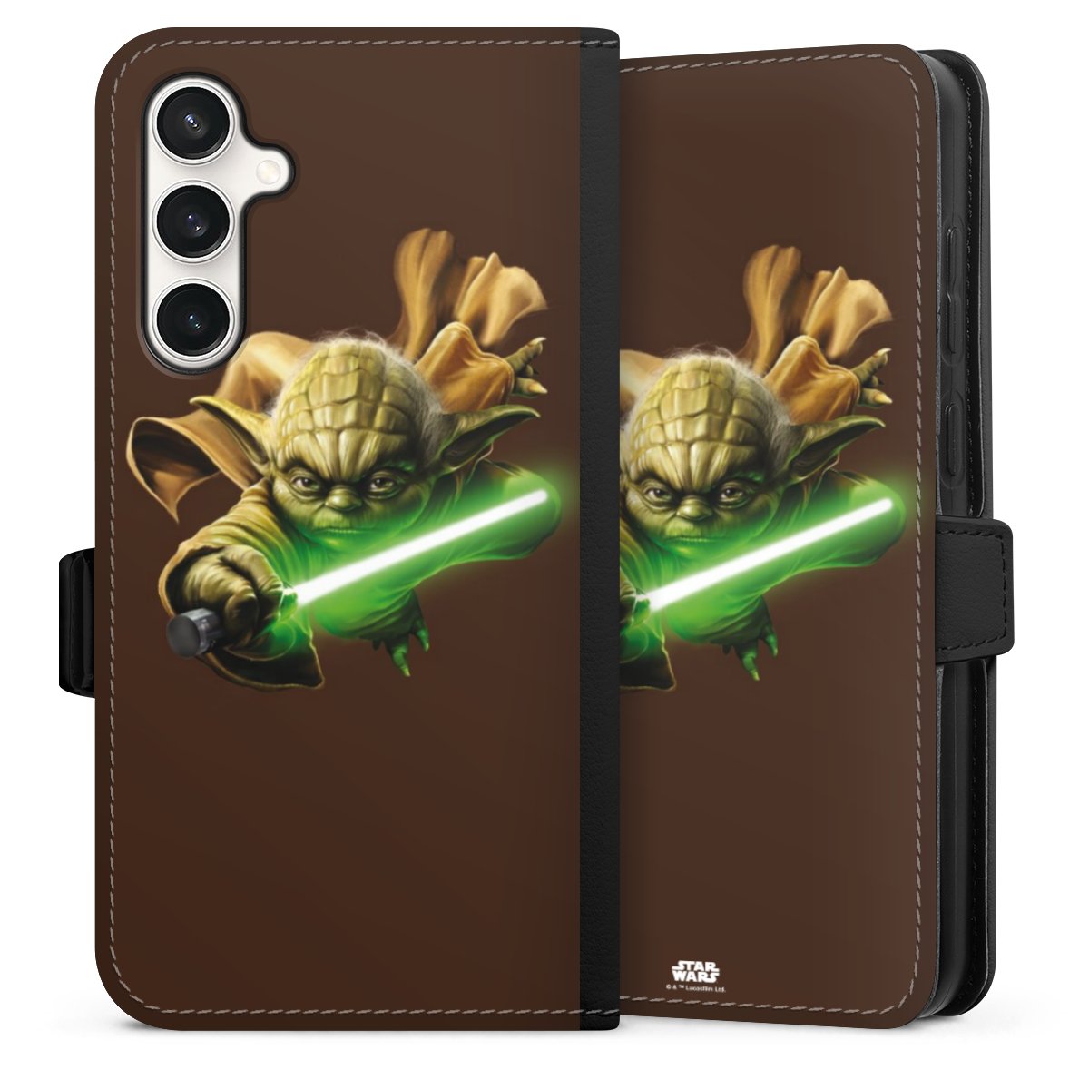 Galaxy S23 FE Handy Klapphülle Handyhülle aus Kunst Leder schwarz Flip Case Yoda Merchandise Star Wars Sideflip mit Lasche