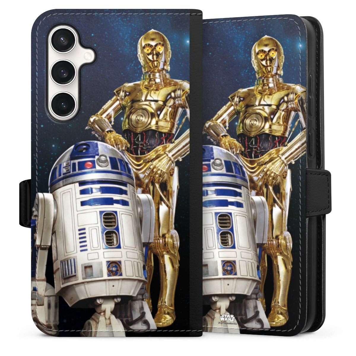 Galaxy S23 FE Handy Klapphülle Handyhülle aus Kunst Leder schwarz Flip Case Weltall Star Wars R2d2 Sideflip mit Lasche