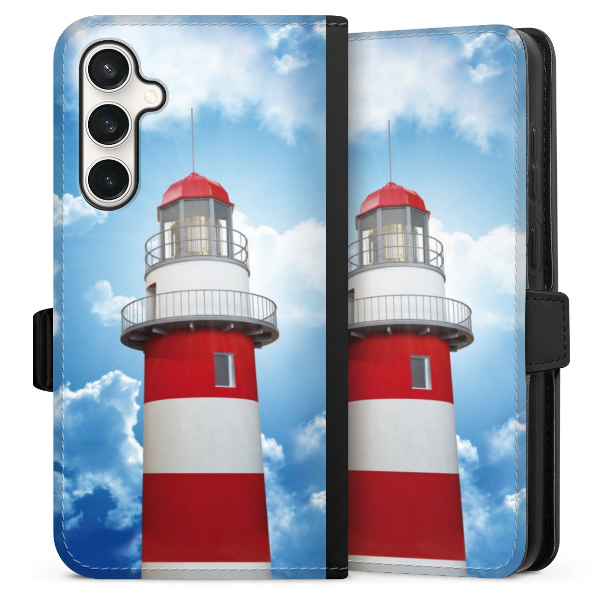 Galaxy S23 FE Handy Klapphülle Handyhülle aus Kunst Leder schwarz Flip Case Lighthouse Sky Cloud Sideflip mit Lasche