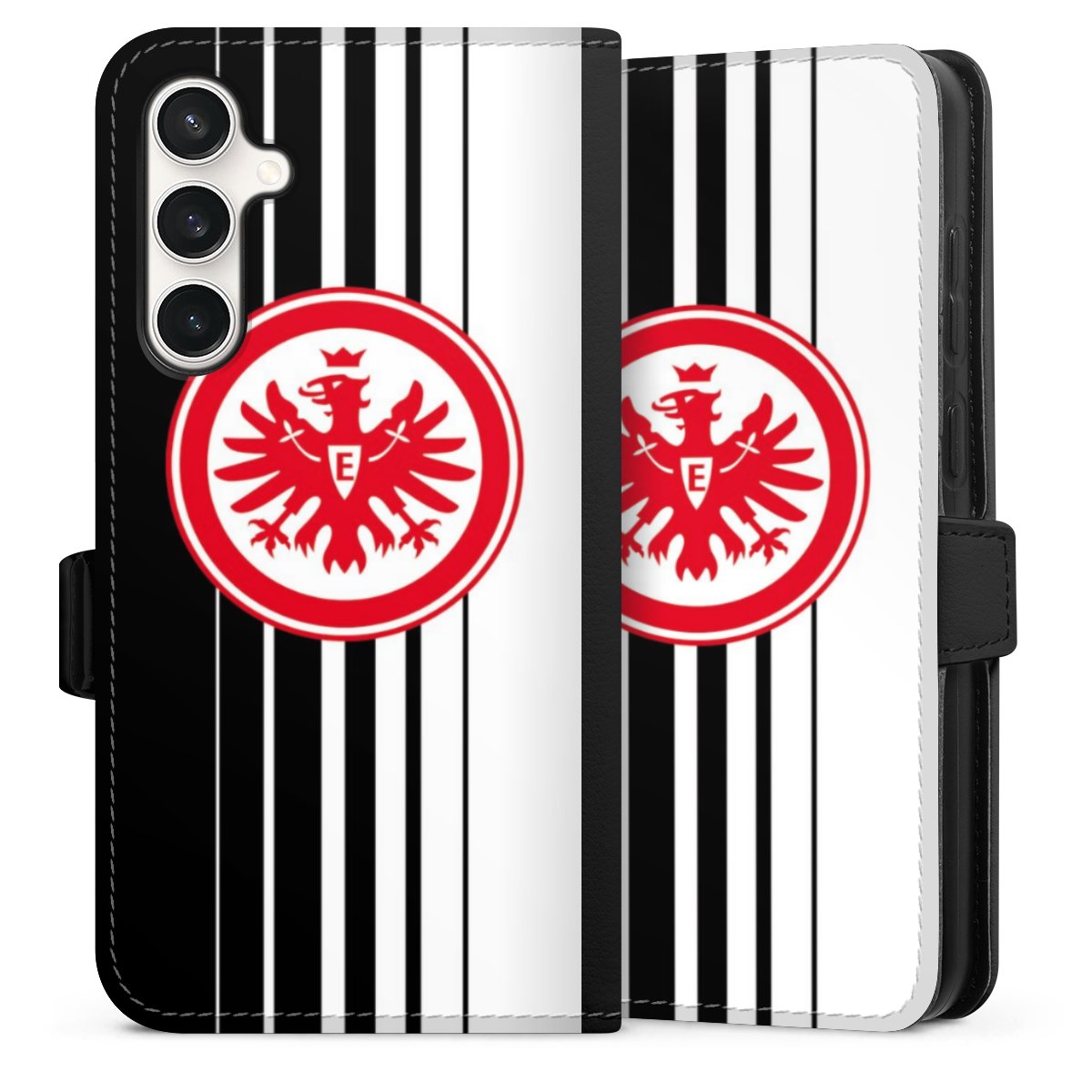 Galaxy S23 FE Handy Klapphülle Handyhülle aus Kunst Leder schwarz Flip Case Stripes Eintracht Frankfurt Official Licensed Product Sideflip mit Lasche