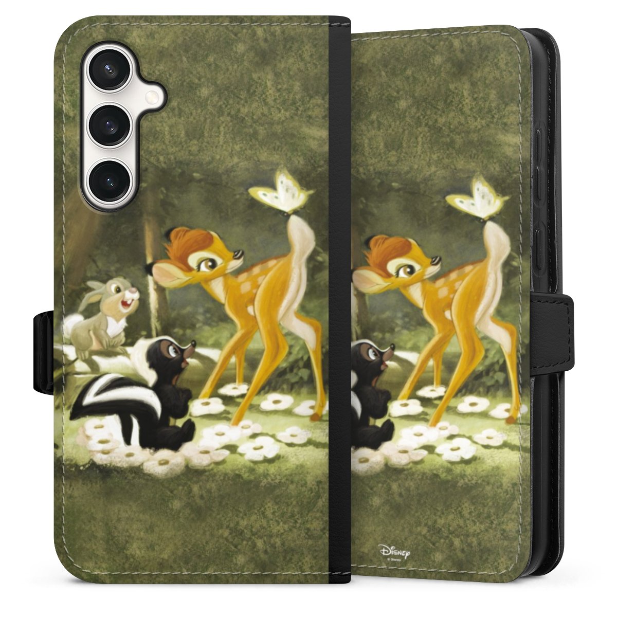 Galaxy S23 FE Handy Klapphülle Handyhülle aus Kunst Leder schwarz Flip Case Disney Official Licensed Product Bambi Sideflip mit Lasche