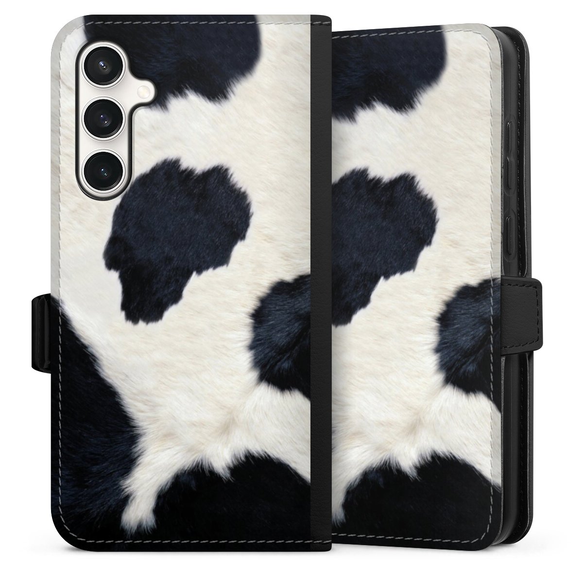 Galaxy S23 FE Handy Klapphülle Handyhülle aus Kunst Leder schwarz Flip Case Animal Look Animal Print Cow Skin Sideflip mit Lasche