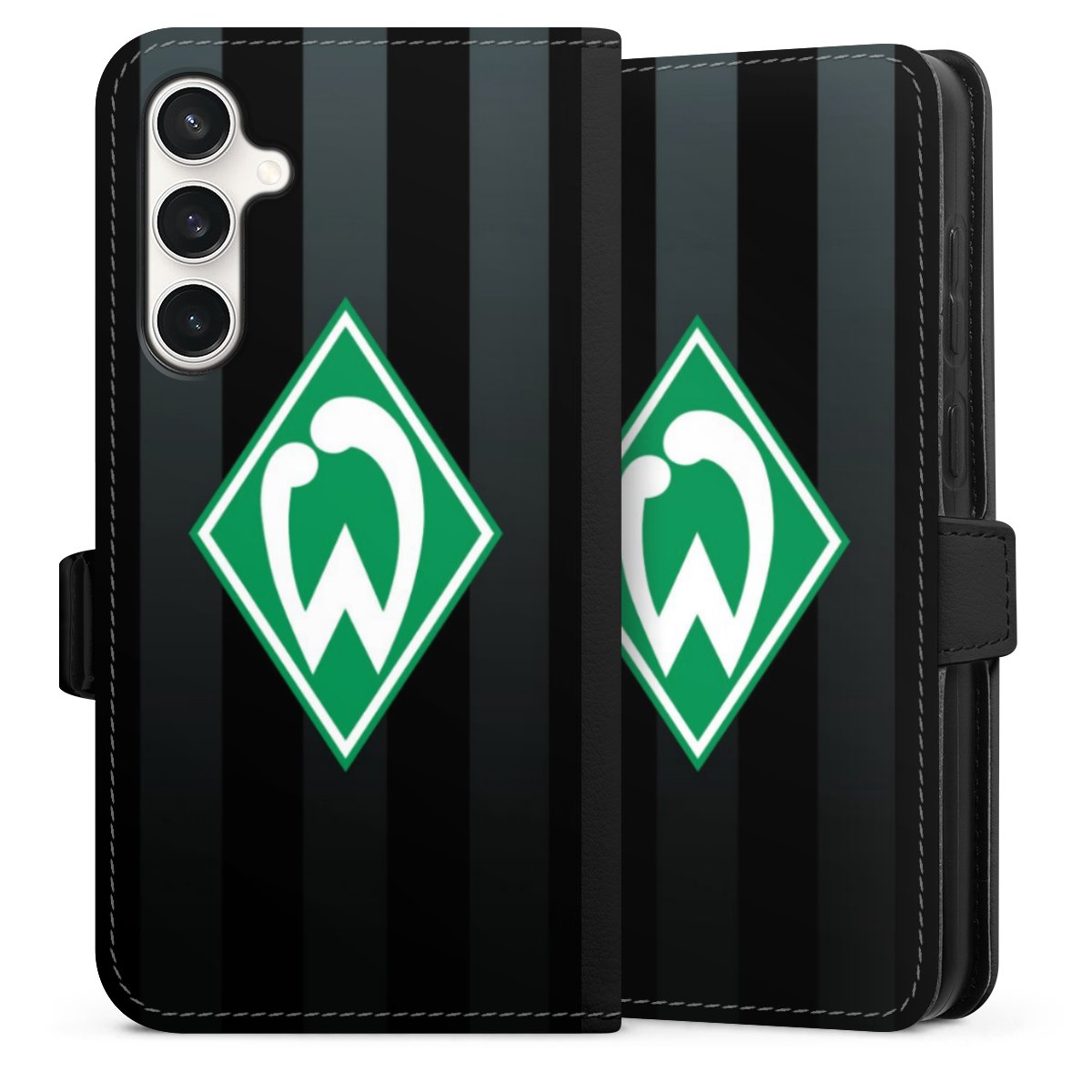 Galaxy S23 FE Handy Klapphülle Handyhülle aus Kunst Leder schwarz Flip Case Stripes Sv Werder Bremen Official Licensed Product Sideflip mit Lasche