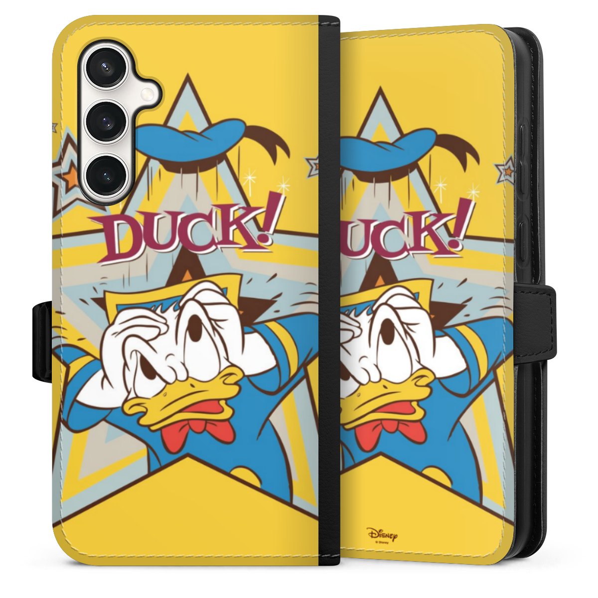 Galaxy S23 FE Handy Klapphülle Handyhülle aus Kunst Leder schwarz Flip Case Official Licensed Product Donald Duck Disney Sideflip mit Lasche