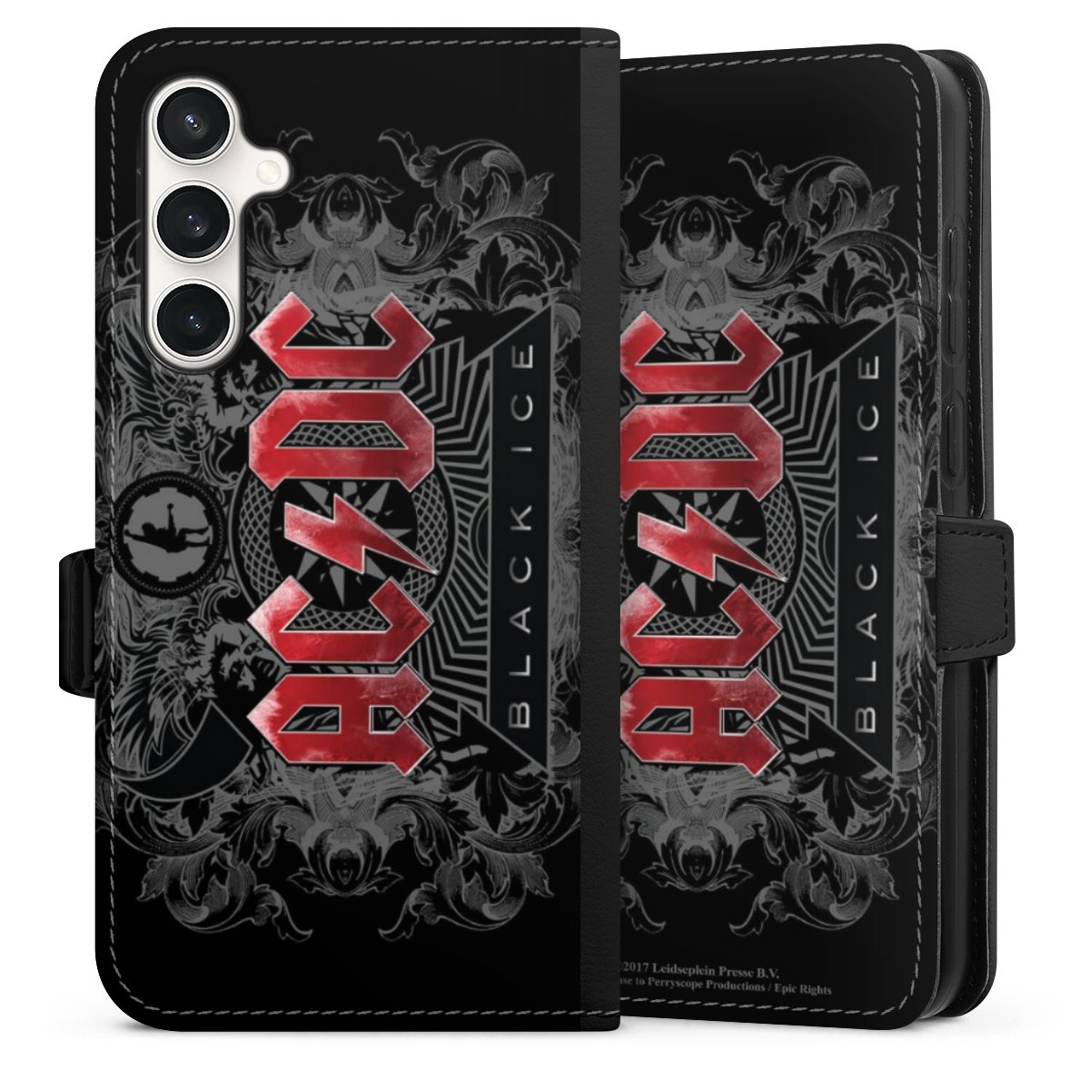 Galaxy S23 FE Handy Klapphülle Handyhülle aus Kunst Leder schwarz Flip Case Merchandise Black Ice Acdc Sideflip mit Lasche