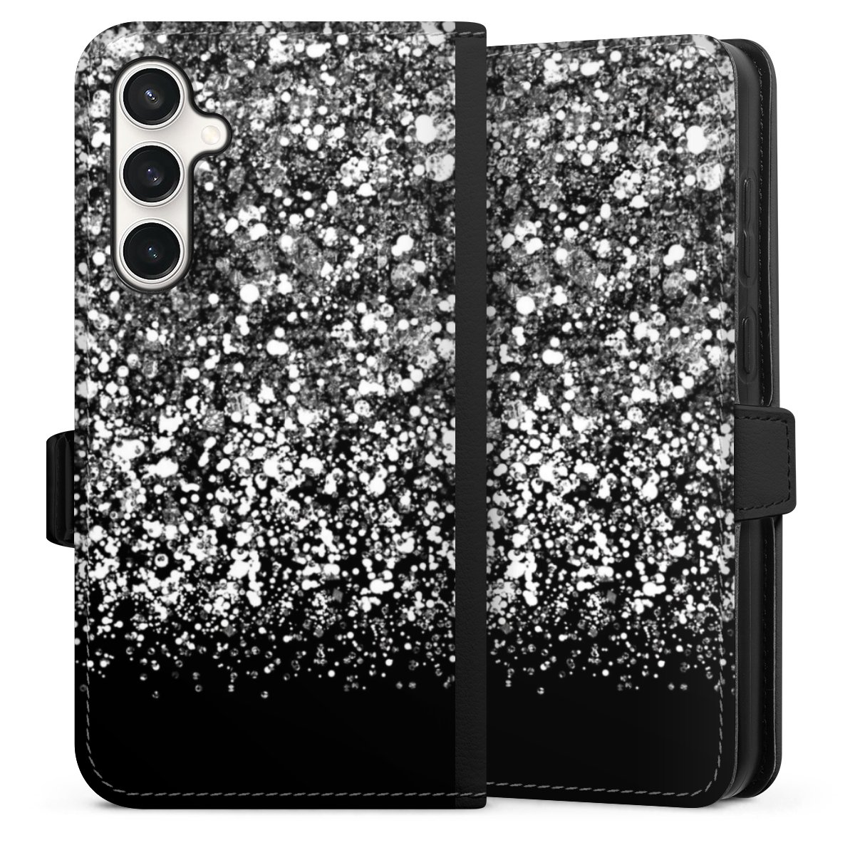 Galaxy S23 FE Handy Klapphülle Handyhülle aus Kunst Leder schwarz Flip Case Glitzer Snowflake Muster Sideflip mit Lasche