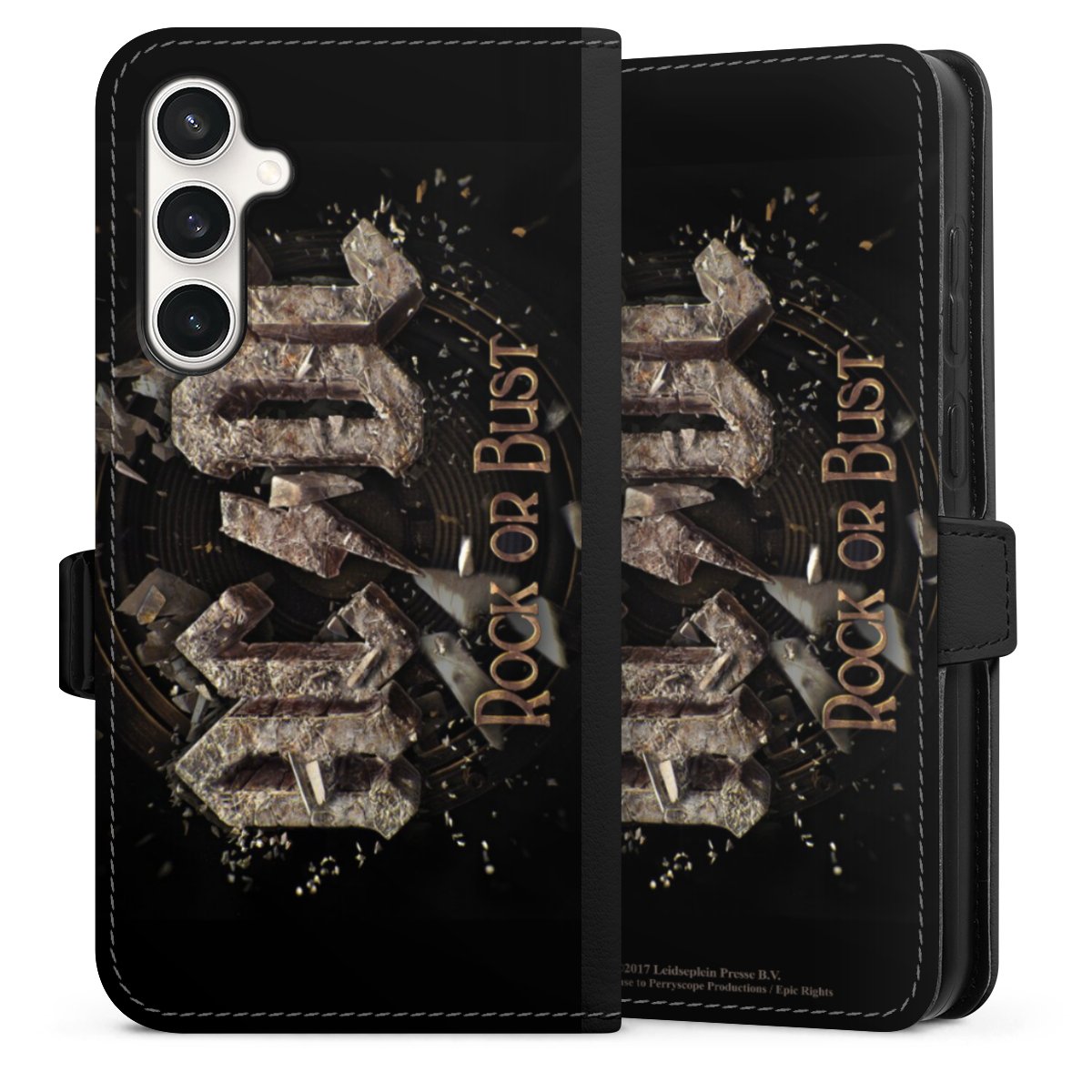 Galaxy S23 FE Handy Klapphülle Handyhülle aus Kunst Leder schwarz Flip Case Acdc Official Licensed Product Rock Or Bust Sideflip mit Lasche