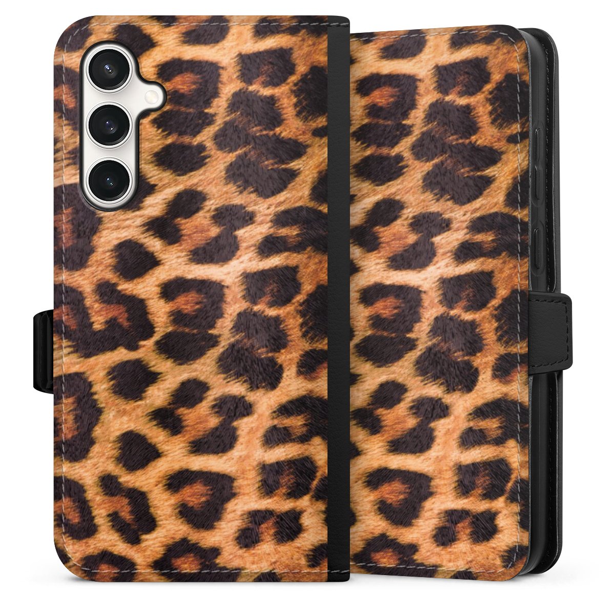 Galaxy S23 FE Handy Klapphülle Handyhülle aus Kunst Leder schwarz Flip Case Animal Print Leopard Fur Sideflip mit Lasche