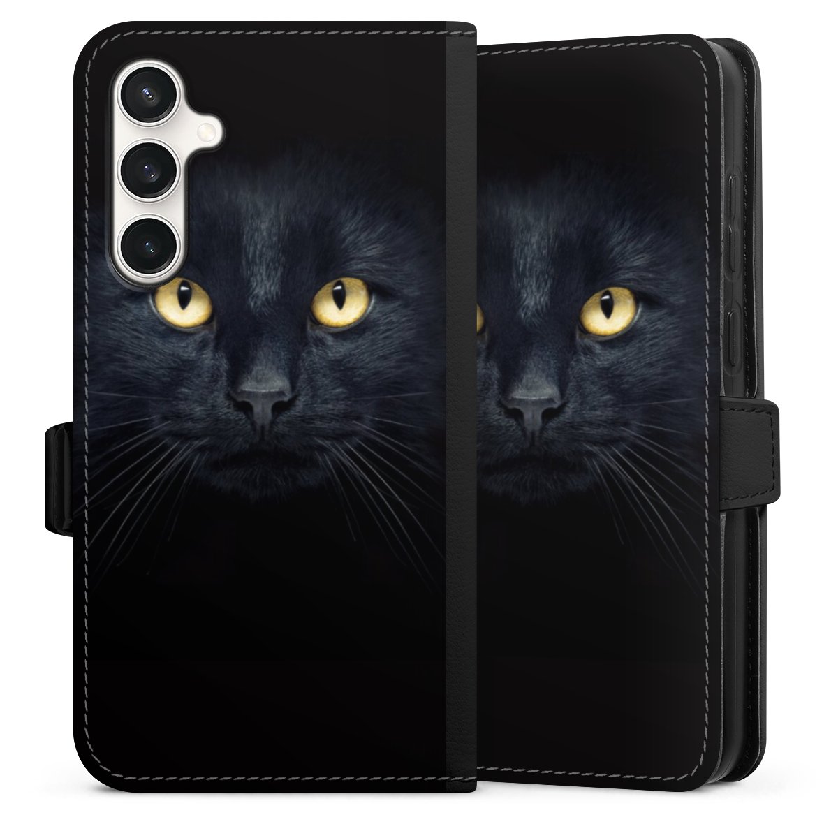 Galaxy S23 FE Handy Klapphülle Handyhülle aus Kunst Leder schwarz Flip Case Eye Cat Black Sideflip mit Lasche