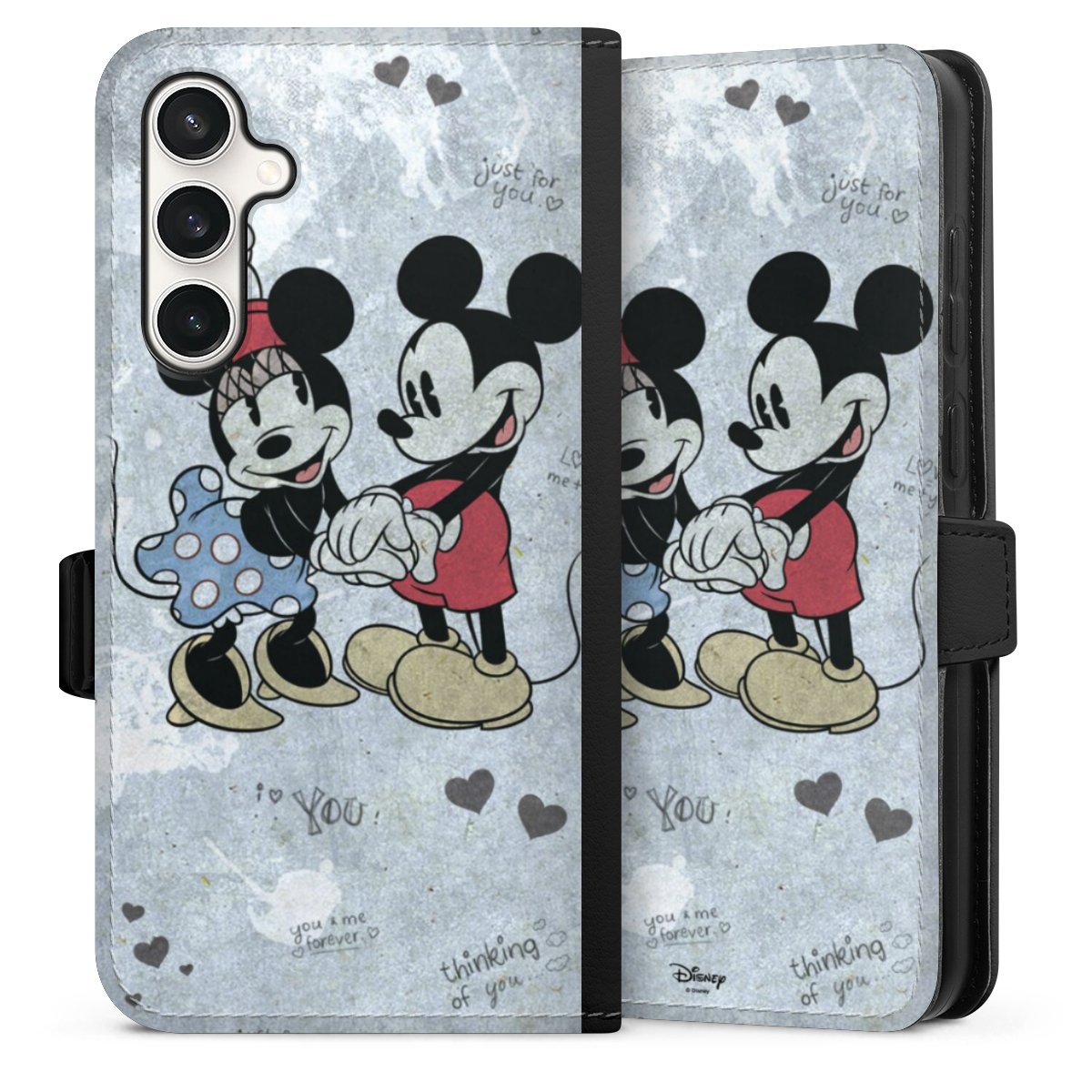 Galaxy S23 FE Handy Klapphülle Handyhülle aus Kunst Leder schwarz Flip Case Mickey & Minnie Mouse Vintage Disney Sideflip mit Lasche