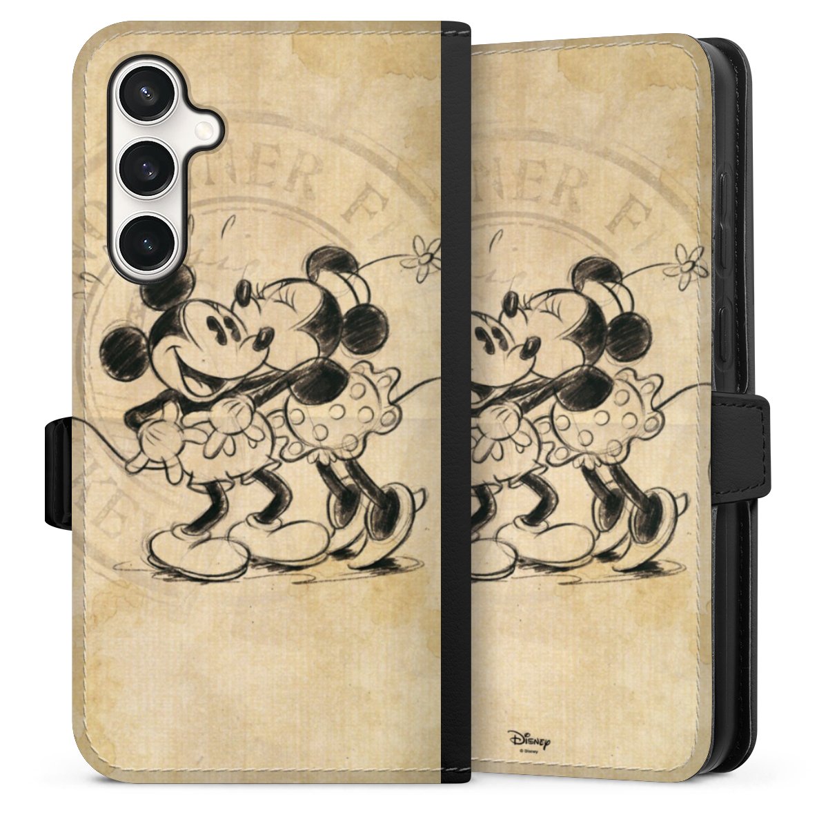 Galaxy S23 FE Handy Klapphülle Handyhülle aus Kunst Leder schwarz Flip Case Mickey Mouse Vintage Minnie Mouse Sideflip mit Lasche