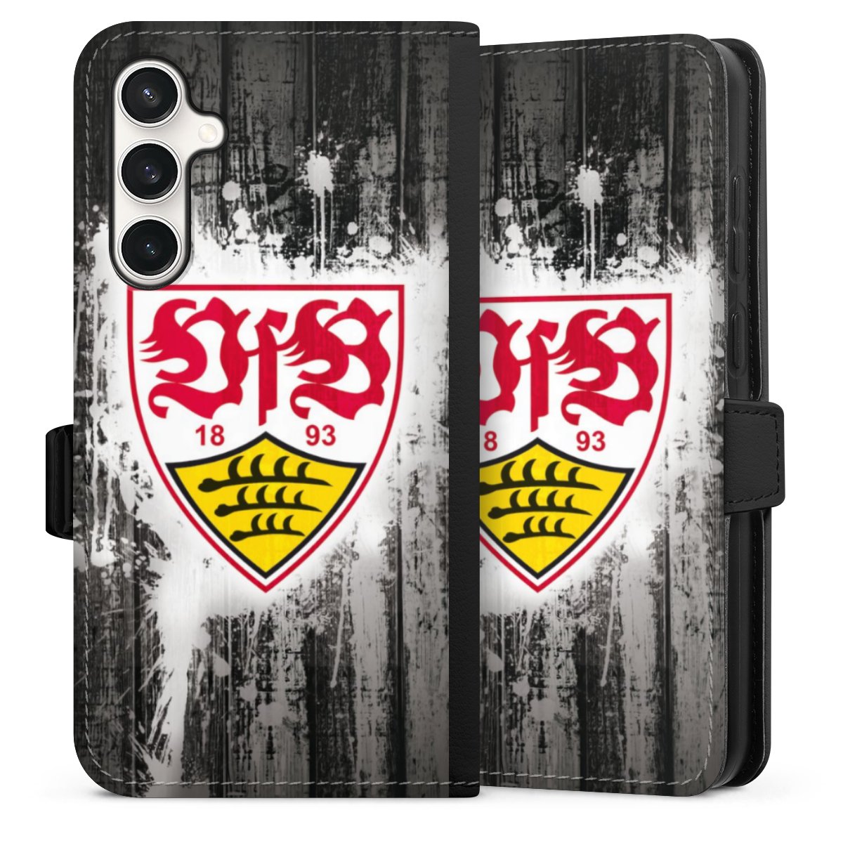 Galaxy S23 FE Handy Klapphülle Handyhülle aus Kunst Leder schwarz Flip Case Vfb Stuttgart Official Licensed Product Sideflip mit Lasche