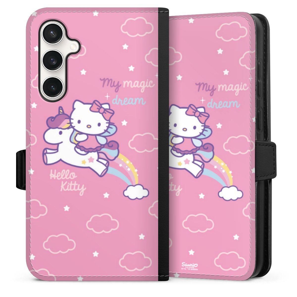 Galaxy S23 FE Handy Klapphülle Handyhülle aus Kunst Leder schwarz Flip Case Einhorn Official Licensed Product Hello Kitty Sideflip mit Lasche