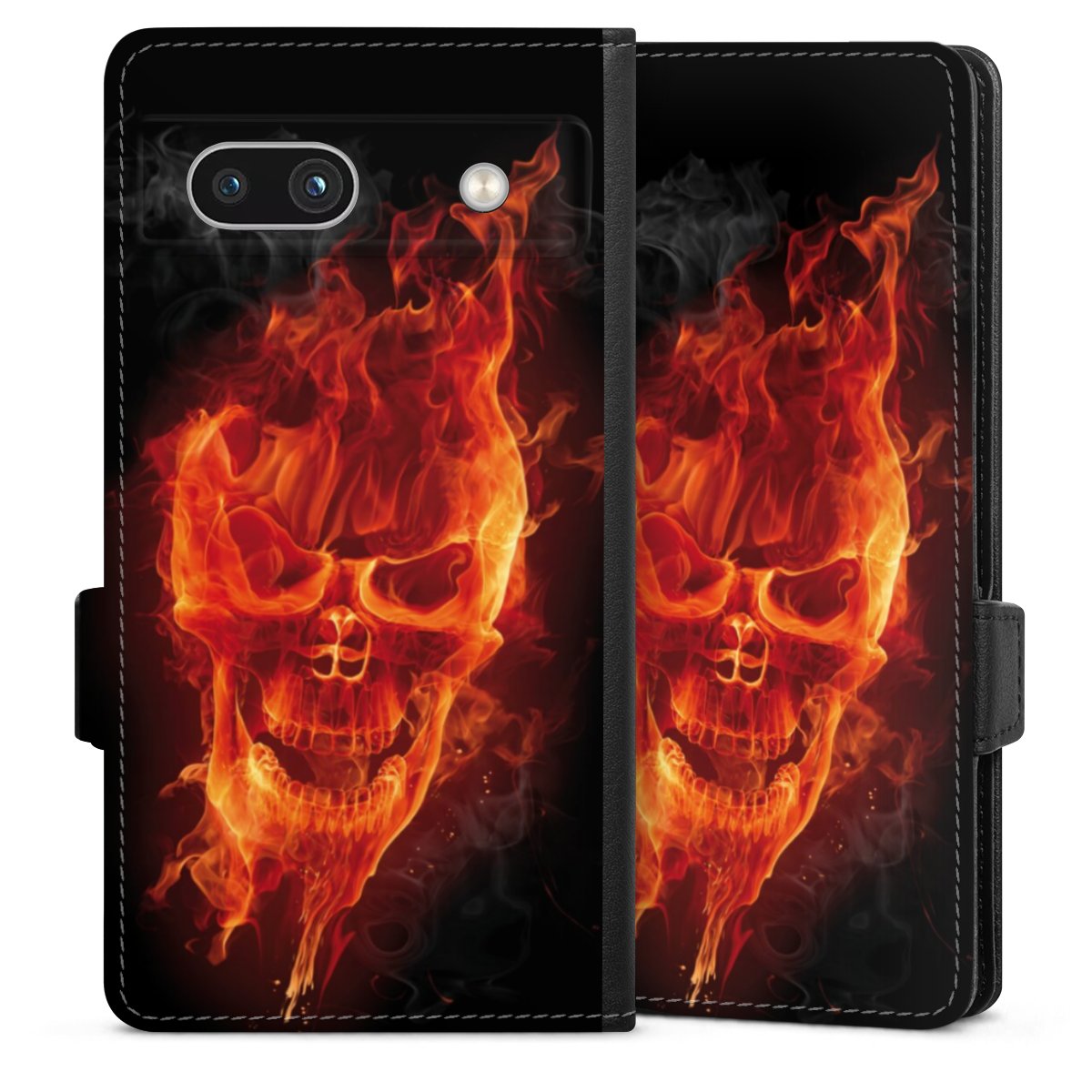 Google Pixel 7a Handy Klapphülle Handyhülle aus Kunst Leder schwarz Flip Case Totenkopf Skull Fire Sideflip mit Lasche