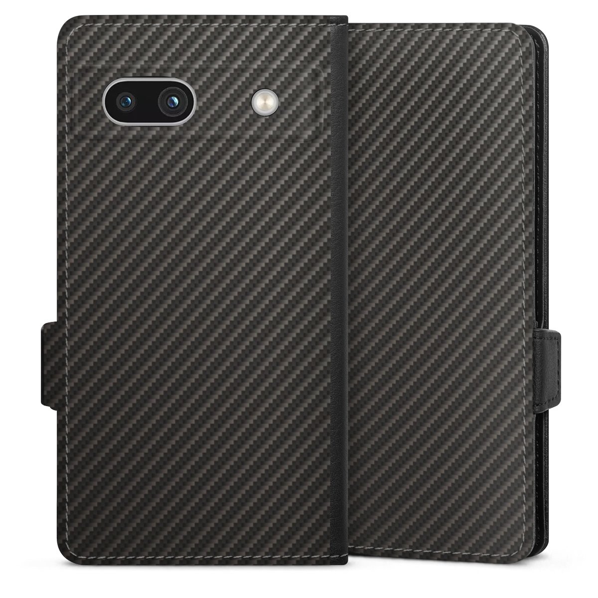 Google Pixel 7a Handy Klapphülle Handyhülle aus Kunst Leder schwarz Flip Case Metallic Look Carbon Muster Sideflip mit Lasche