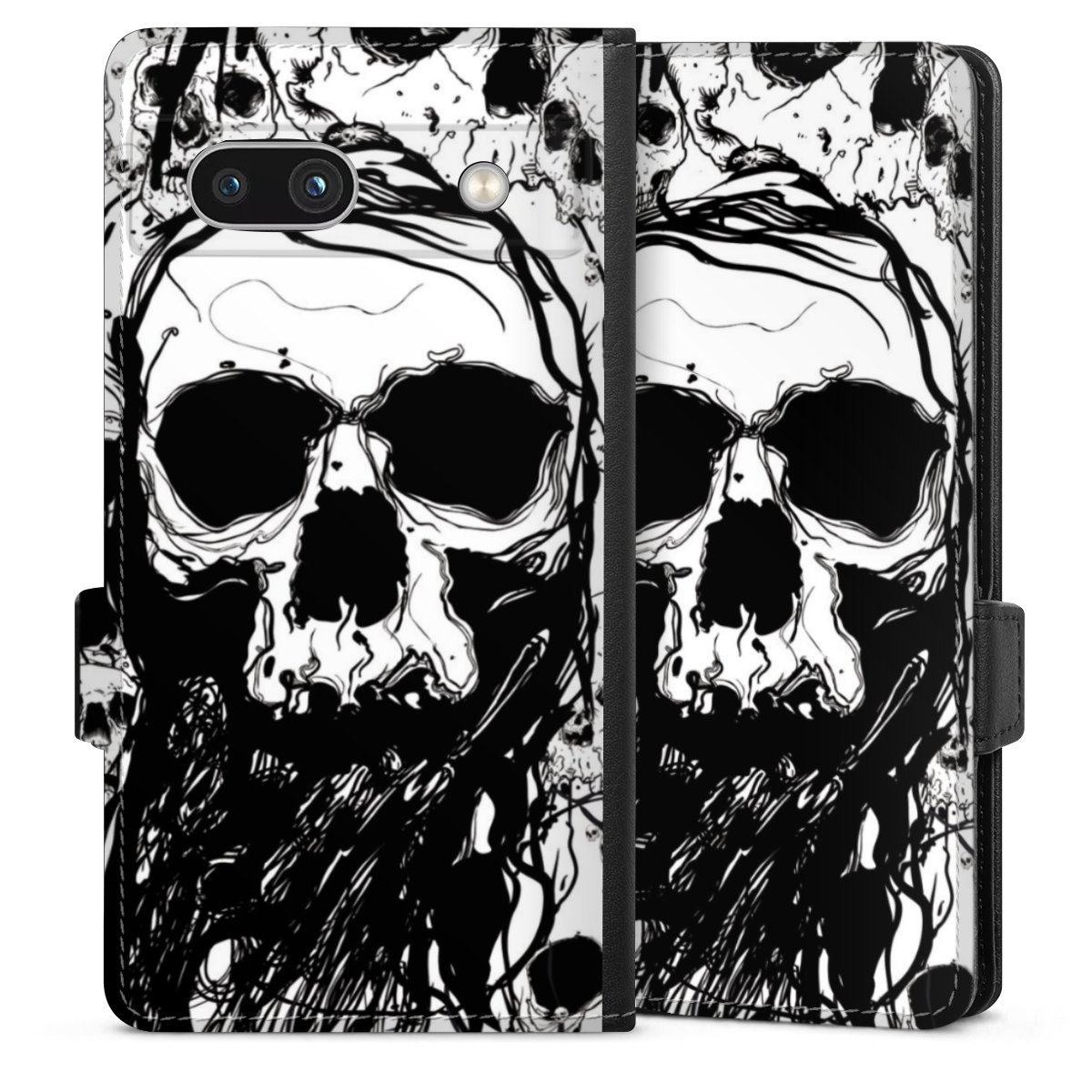 Google Pixel 7a Handy Klapphülle Handyhülle aus Kunst Leder schwarz Flip Case Totenkopf Halloween Sideflip mit Lasche