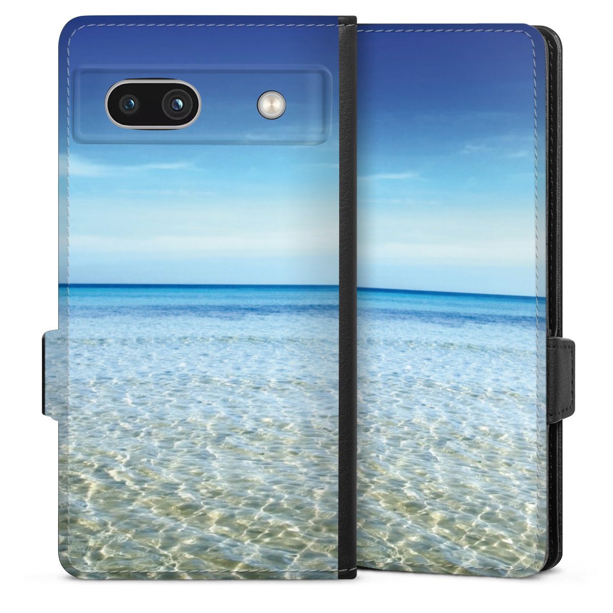 Google Pixel 7a Handy Klapphülle Handyhülle aus Kunst Leder schwarz Flip Case Urlaub Sky Ocean Sideflip mit Lasche