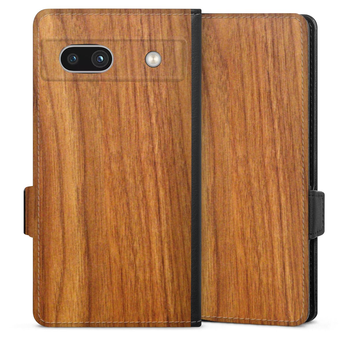 Google Pixel 7a Handy Klapphülle Handyhülle aus Kunst Leder schwarz Flip Case Wood Larch Wooden Look Sideflip mit Lasche